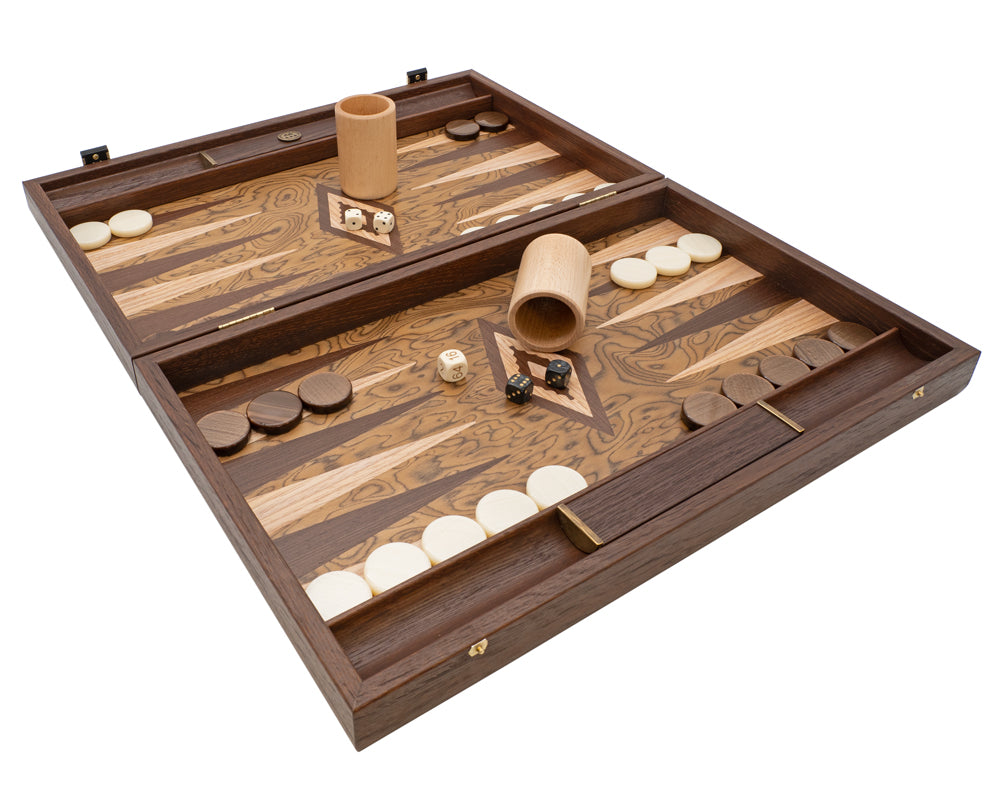 Zestaw do gry w backgammon Manopoulos Luxury Walnut Burl i Wenge z luksusowymi kubkami