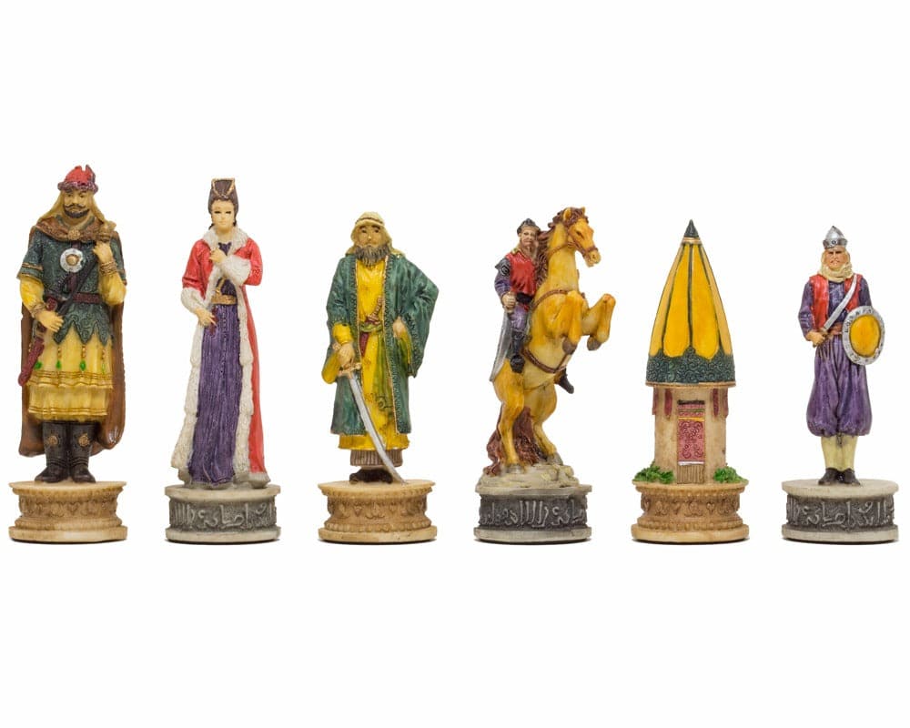 The Hungarians vs Turkish hand-painted themed chess pieces by Italfama displayed in a row.