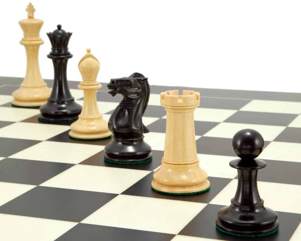 Old English Elite Ebony and Black Luxury Chess Set on Black and Maple Deluxe Chessboard