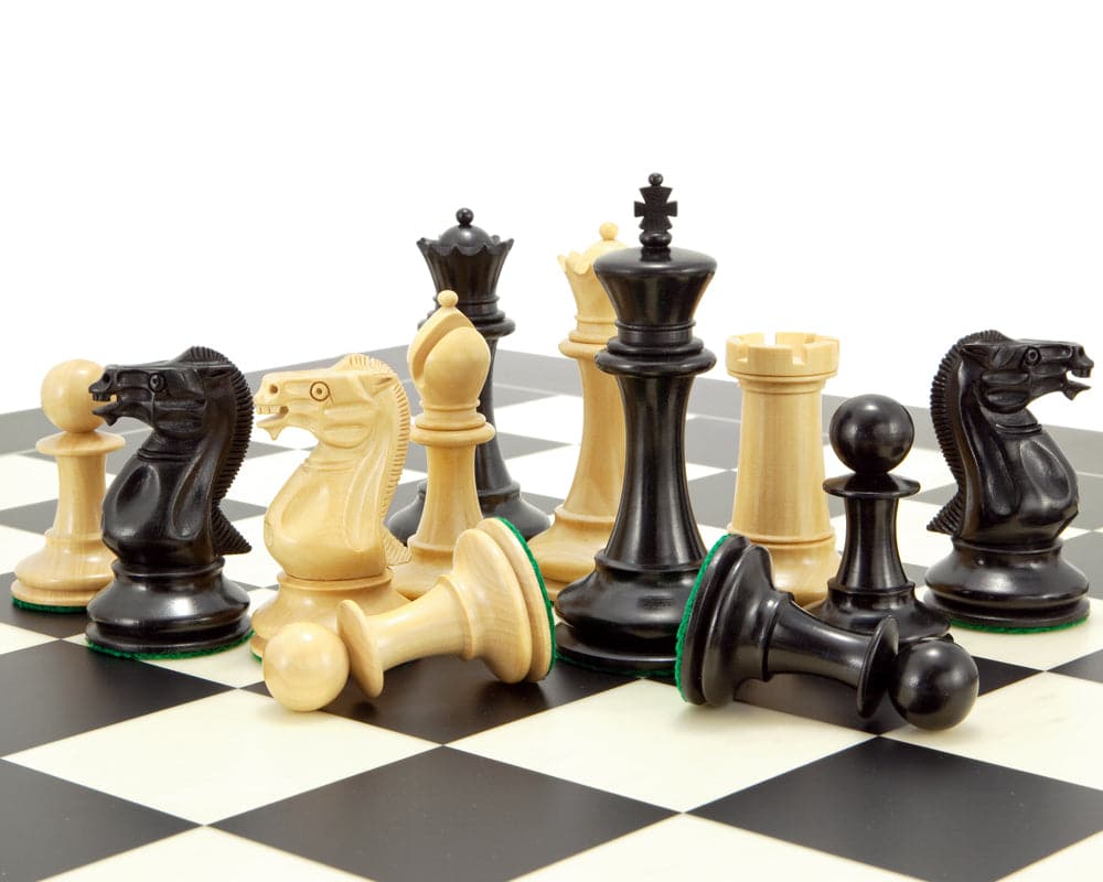 Old English Elite Ebony and Black Luxury Chess Set on Black and Maple Deluxe Chessboard with Staunton pieces.