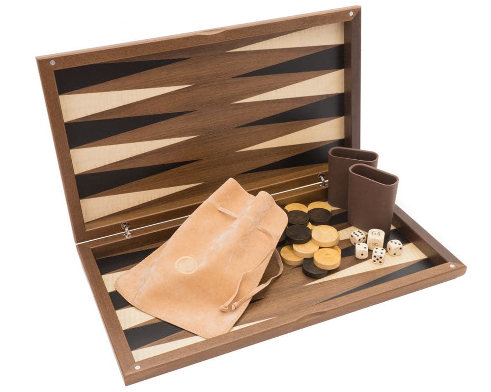 Dal Negro Walnut Deluxe Backgammon set, open with dice, counters, rule book, and luxurious Walnut storage case, made in Italy.