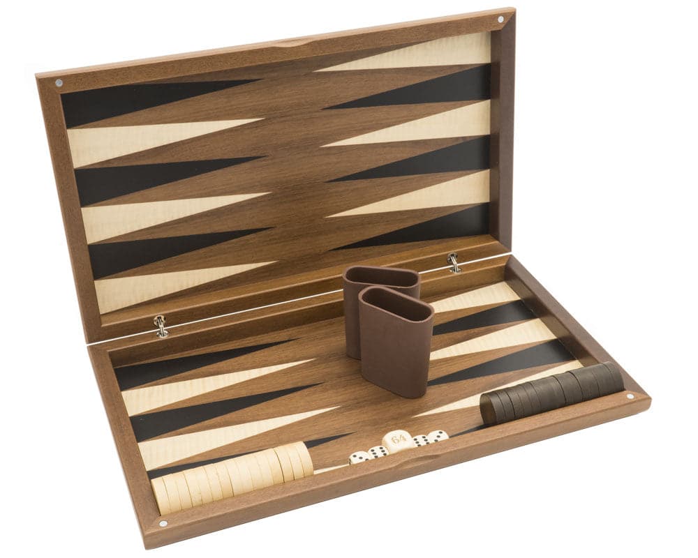 Dal Negro Walnut Deluxe Backgammon Set, open with dice, counters, and rule book displayed. Luxurious Italian design with geometric pattern.