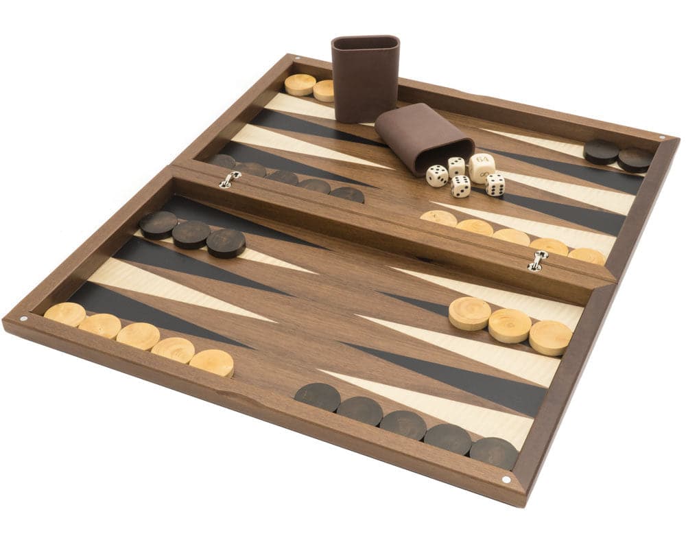 The Dal Negro Walnut Deluxe Backgammon Set with dice and counters, crafted from veneered Walnut wood in a contemporary geometric pattern.