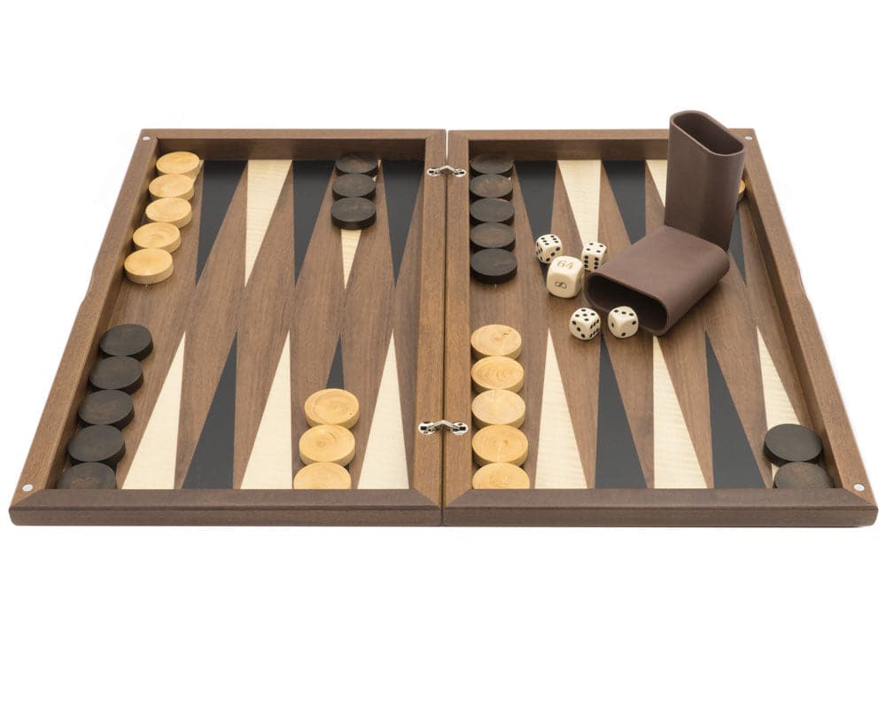 The Dal Negro Walnut Deluxe Backgammon Set featuring dice, counters, and a luxurious veneered walnut board with contemporary geometric pattern.