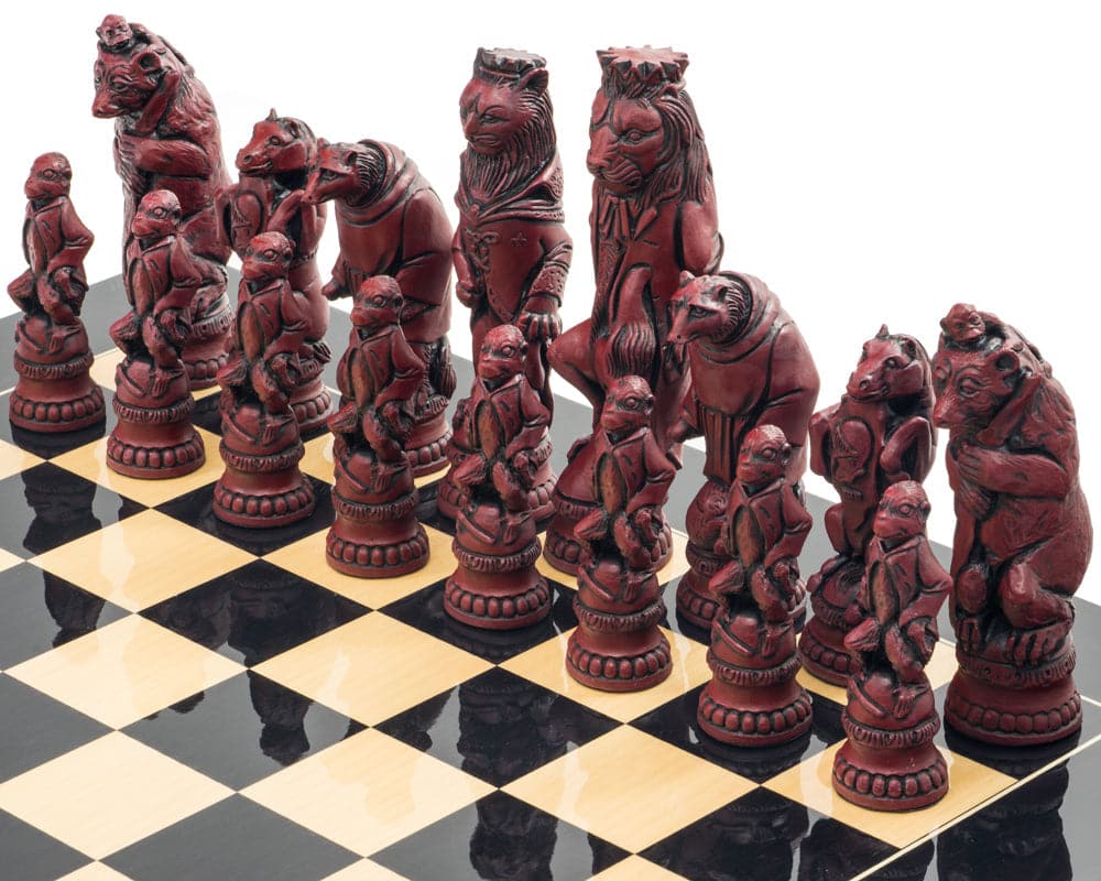 Hand crafted Berkeley Chess Reynard the Fox Cardinal chess set with 7.6 inch King and solid crushed stone resin pieces.