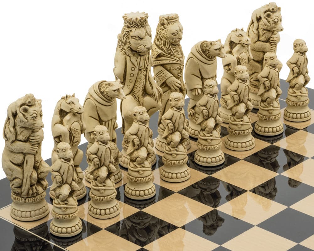 Hand crafted Berkeley Chess Reynard the Fox Cardinal Chess Men set with 7.6-inch King on a chessboard in solid crushed stone resin.