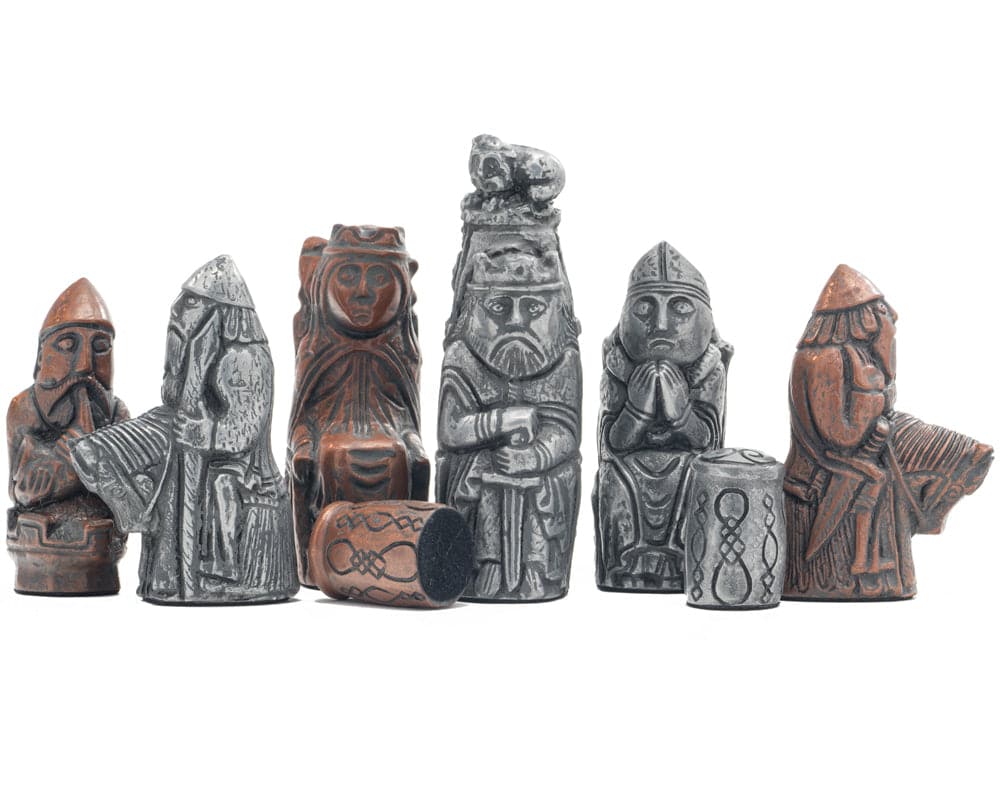 Berkeley Chess Medieval Metallic Chess Men with intricately detailed medieval designs, handcrafted from solid crushed stone resin.