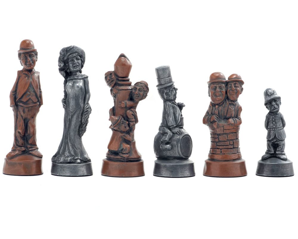 Handcrafted Berkeley Chess Movie Stars Metallic Chess Men with unique designs and a striking metallic finish.