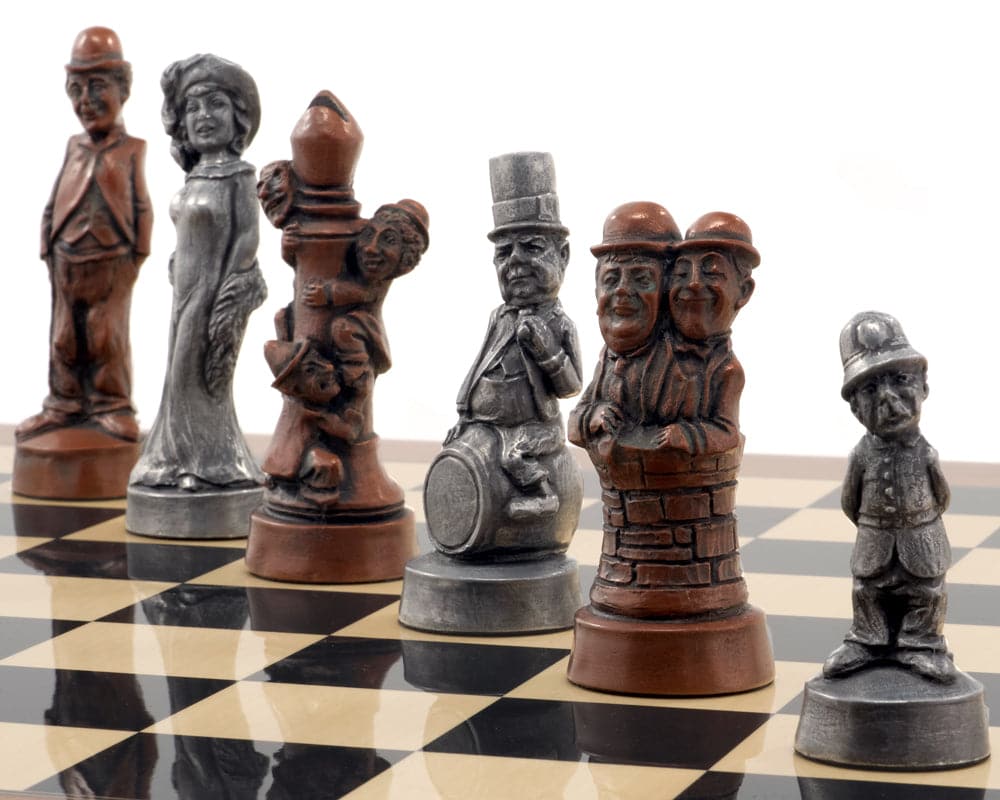 Handcrafted Berkeley Chess Movie Stars Metallic Chess Men on a chessboard showing intricate details and unique metallic finish.