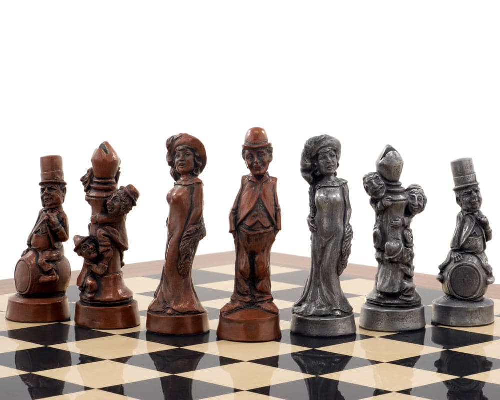 Berkeley Chess Movie Stars Metallic Chess Men featuring handcrafted stone resin pieces with unique metallic finish on chessboard.