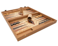 Luksusowy zestaw Backgammon z drewna oliwnego (burl) od Manopoulos z drewnianymi kubkami do backgammona