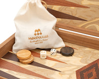 Luksusowy zestaw Backgammon z drewna oliwnego (burl) od Manopoulos z drewnianymi kubkami do backgammona