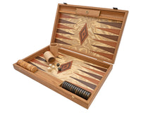Luksusowy zestaw Backgammon z drewna oliwnego (burl) od Manopoulos z drewnianymi kubkami do backgammona