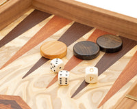 Luksusowy zestaw Backgammon z drewna oliwnego (burl) od Manopoulos z drewnianymi kubkami do backgammona