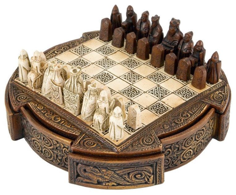 Isle of Lewis Compact Celtic Chess Set with miniature chessmen and detailed stoneware board and case, 9-inch version