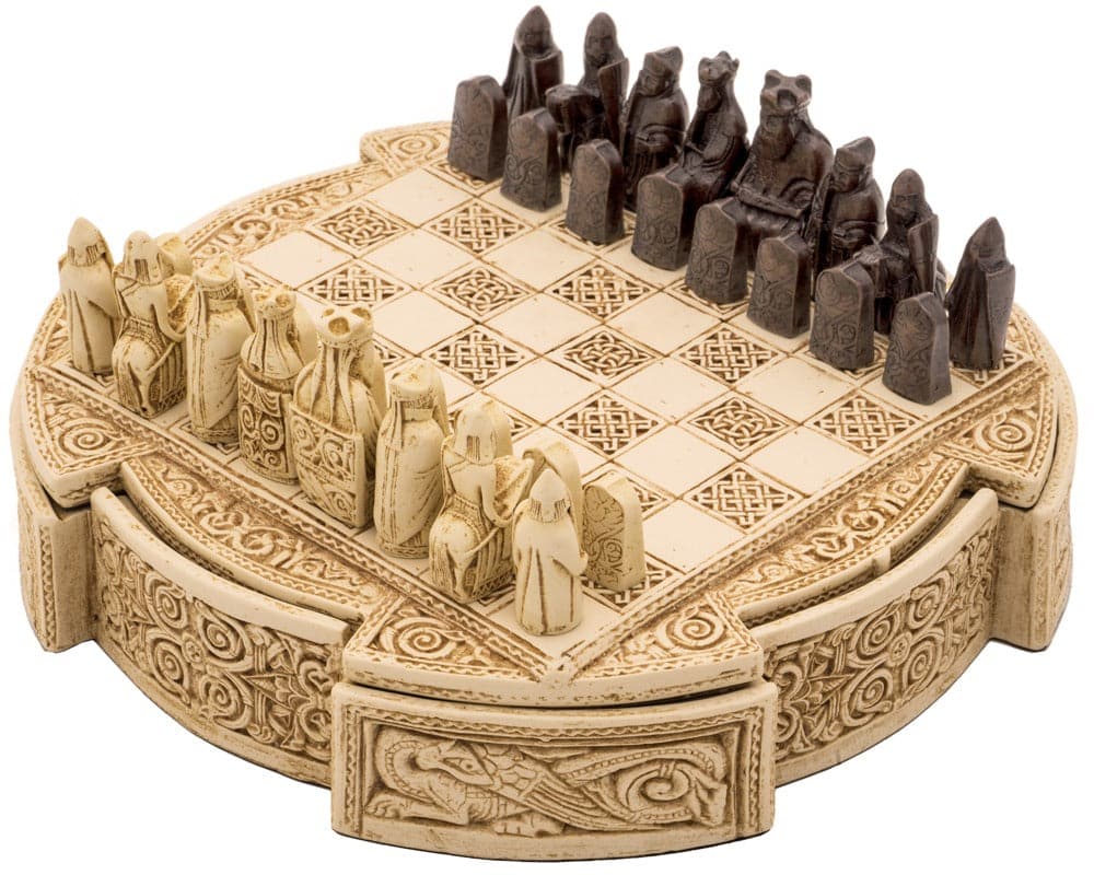 Isle of Lewis Compact Celtic Chess Set 9 Inches in Ivory with Stoneware Board and Storage Case