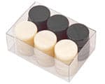 Mother of Pearl Acrylic Flat Backgammon Stones in Black and Ivory 26mm in a clear container