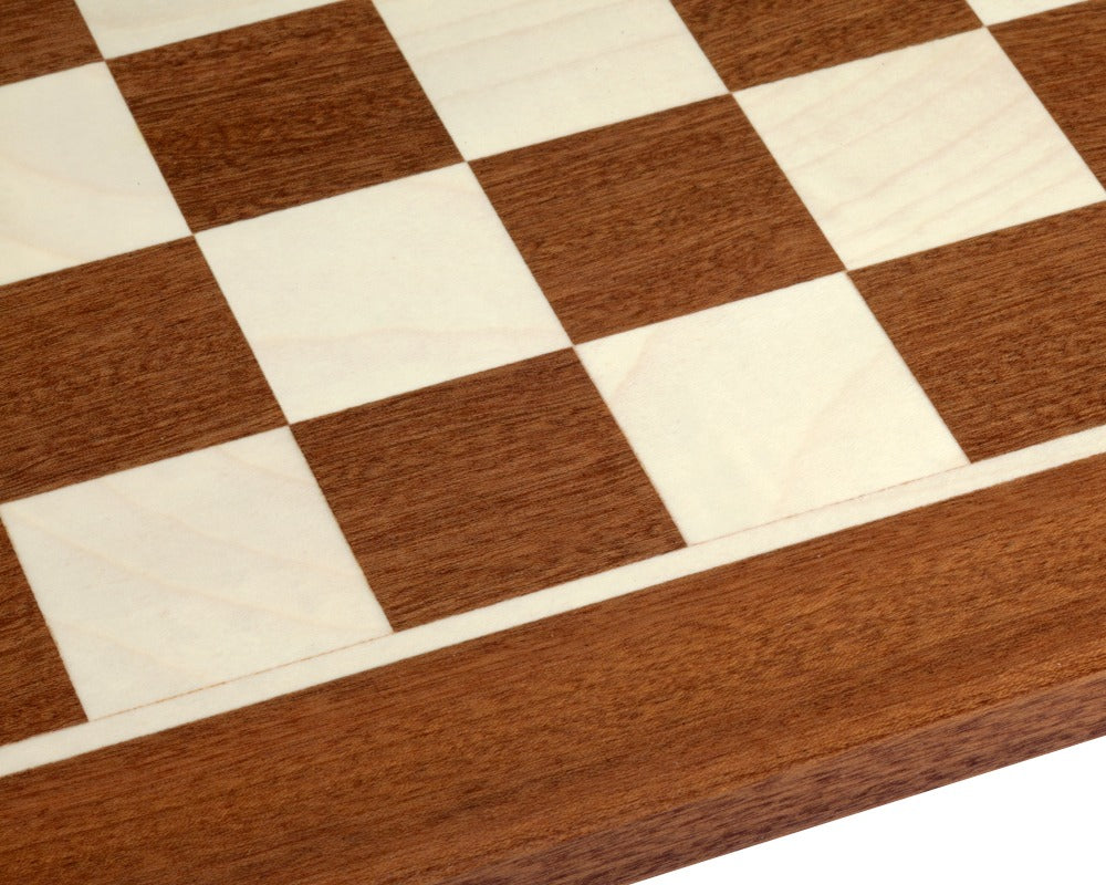 Close-up of 16 Inch No.4 inlaid wooden chess board, featuring classic Staunton design and impeccable quality with a unique Italian crafting.