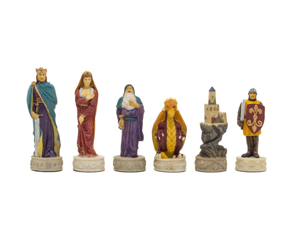 Hand-painted medieval themed chess pieces by Italfama with 3.25 inch king, ideal for 16 inch board, featuring kings, queens, and knights