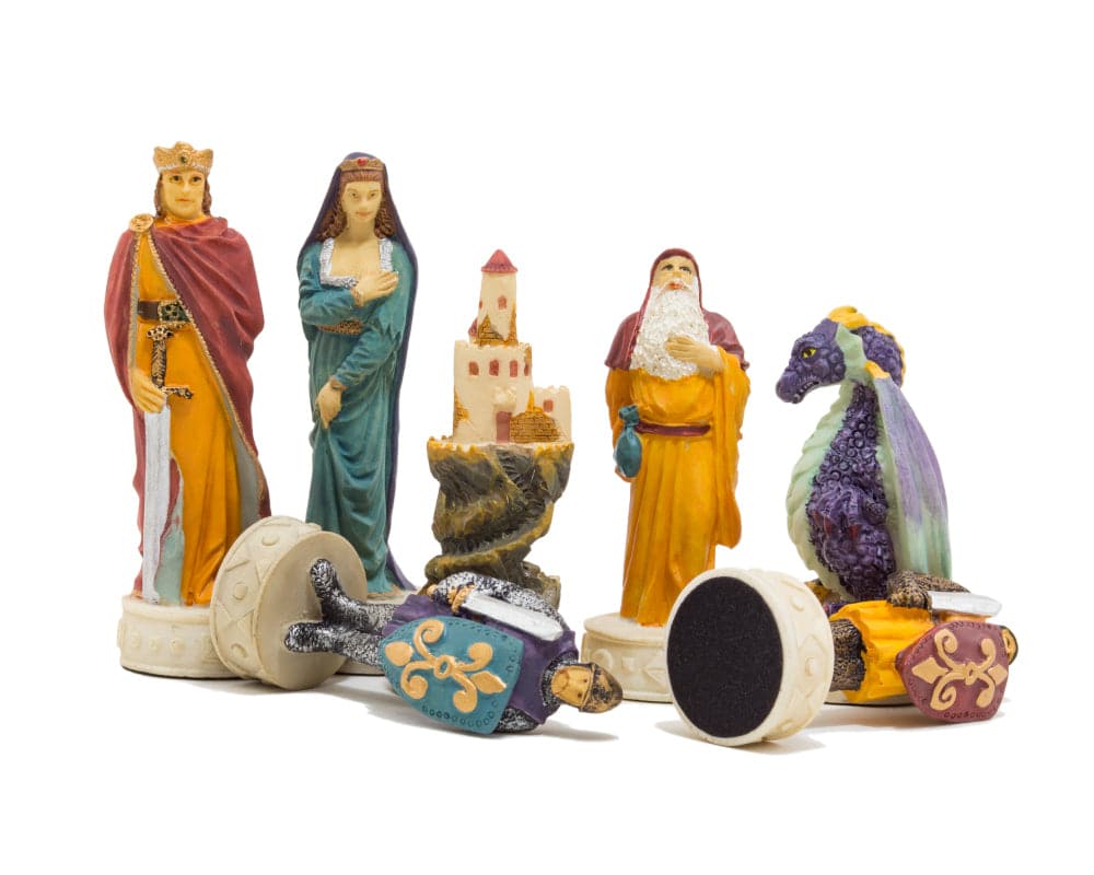 Hand-painted Medieval themed chess pieces by Italfama, featuring intricately detailed kings, queens, knights, and mythical creatures.