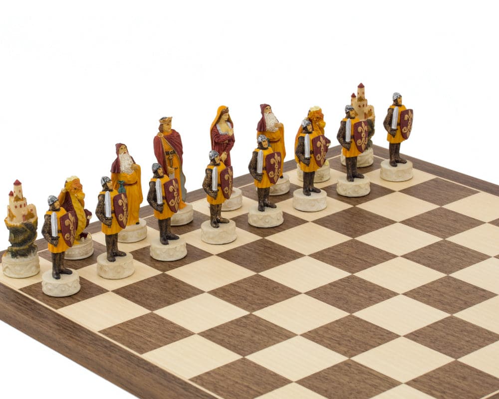 Medieval-themed hand-painted chess pieces by Italfama, 3.25-inch king on 16-inch board, beautifully crafted and ornate.