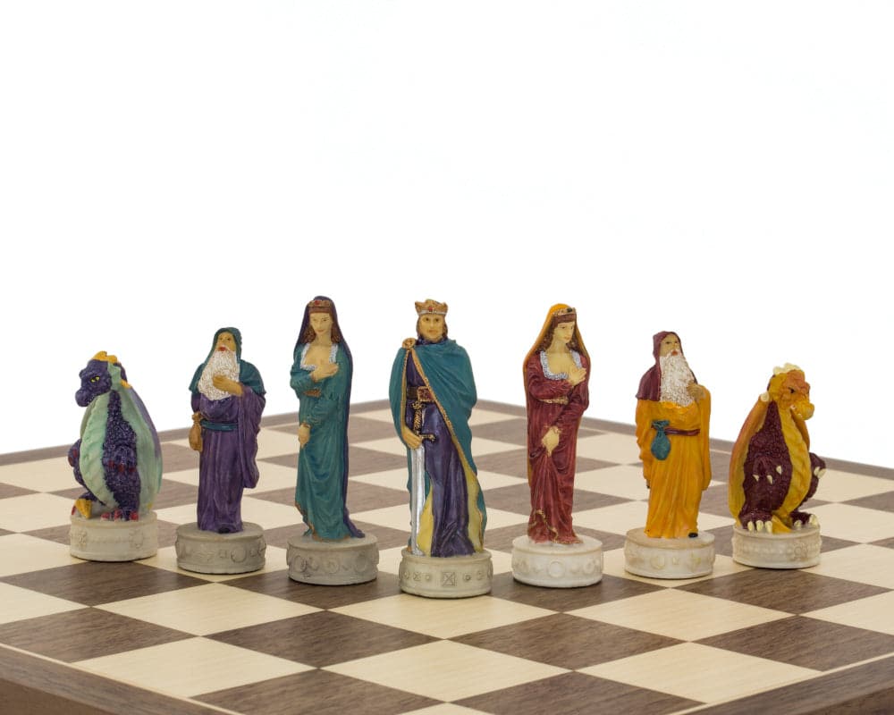 Medieval hand-painted chess pieces by Italfama on a chess board, featuring a king with a crown and sword, crafted in Italy and ideal for a 16-inch board.