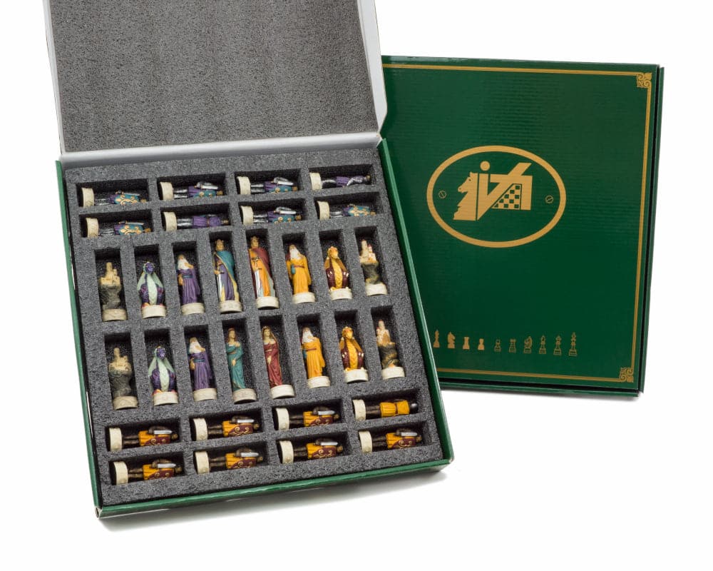 Medieval Hand painted themed chess pieces by Italfama in a green box, exquisitely crafted and painted, ideal for a 16-inch board.