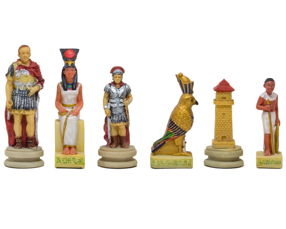 Hand-painted Italfama Romans vs Egyptians themed chess pieces set, featuring superbly detailed figures, ideal for a 15.75 inch board.