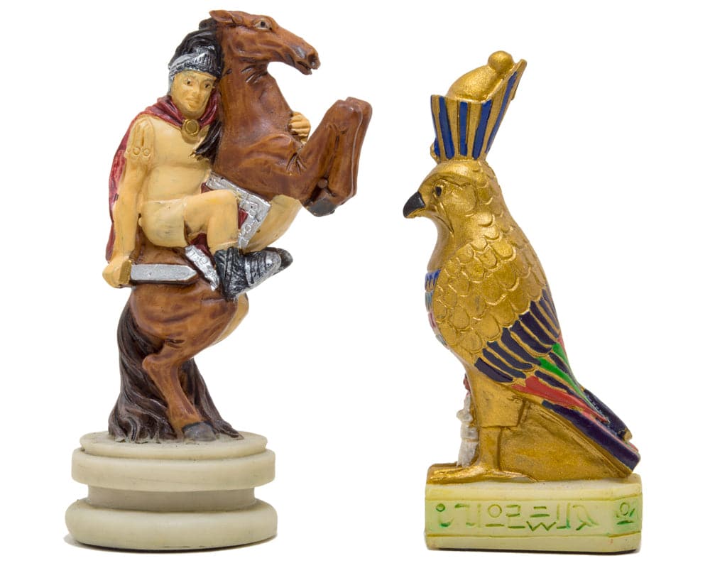 Hand-painted Roman and Egyptian themed chess pieces by Italfama with 3.25 inch King, perfect for 15.75 inch board. Made in Italy.