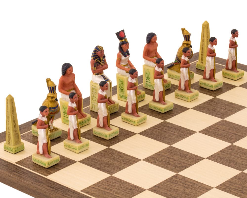 Hand-painted Egyptian chess pieces by Italfama, beautifully crafted and detailed, perfect for a 15.75 inch board, made in Italy.