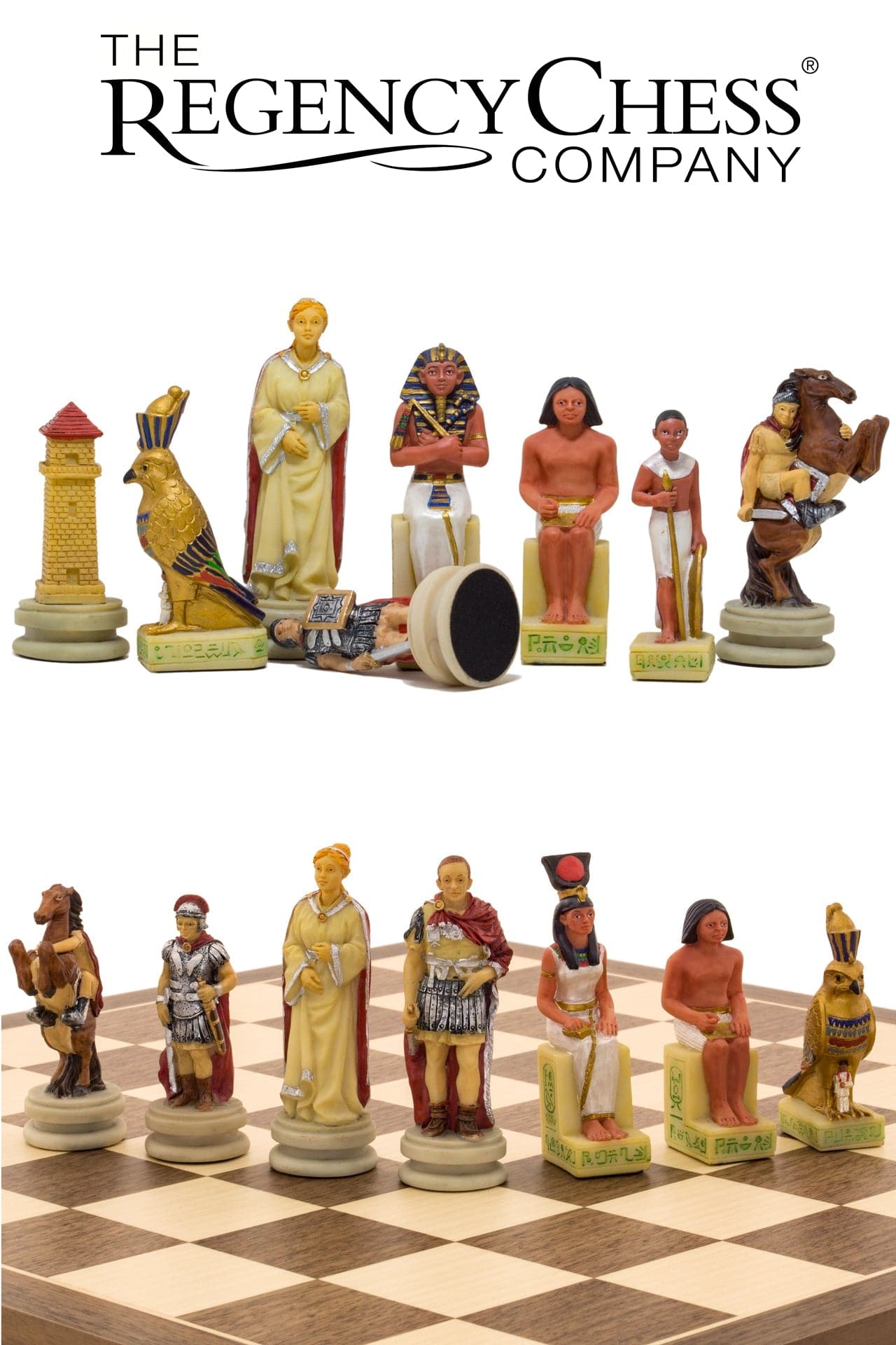 The Romans Vs Egyptians hand-painted themed chess pieces by Italfama, displayed on a board by The Regency Chess Company.