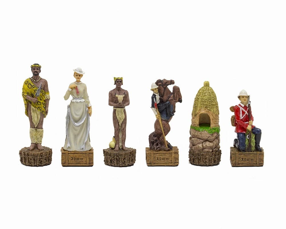 Hand-painted British vs Zulus themed chess pieces by Italafama, featuring ornate detail and superb craftsmanship.