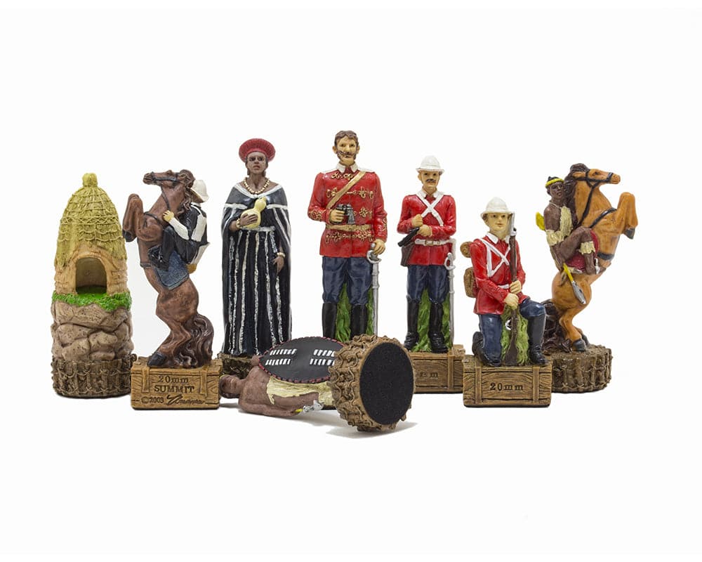 Hand painted British vs Zulus themed chess pieces made in Italy by Italafama, featuring 3.25 inch king and superb attention to detail.