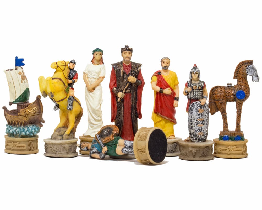 The Battle of Troy hand-painted themed chess pieces by Italfama, featuring intricately detailed Greek and Spartan mythological characters sculpted from resin.