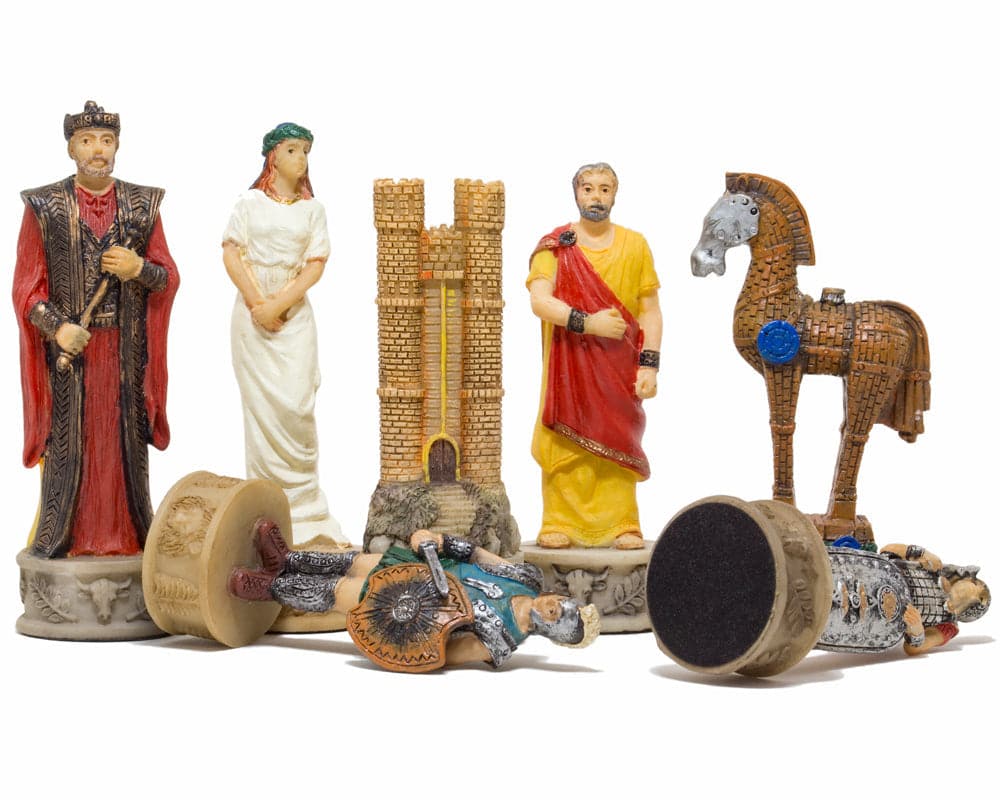 The Battle of Troy themed hand-painted resin chess pieces by Italfama, featuring Greek and Spartan mythological characters, crafted in Florence, Italy