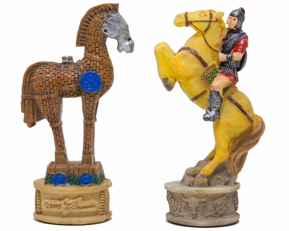 Hand-painted Battle of Troy chess pieces by Italfama, featuring intricate Greek and Spartan designs, made from resin in Florence, Italy.