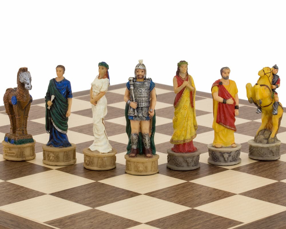 Hand-painted resin chess pieces depicting Greek and Spartan armies from The Battle of Troy, crafted by Italfama in Florence, Italy