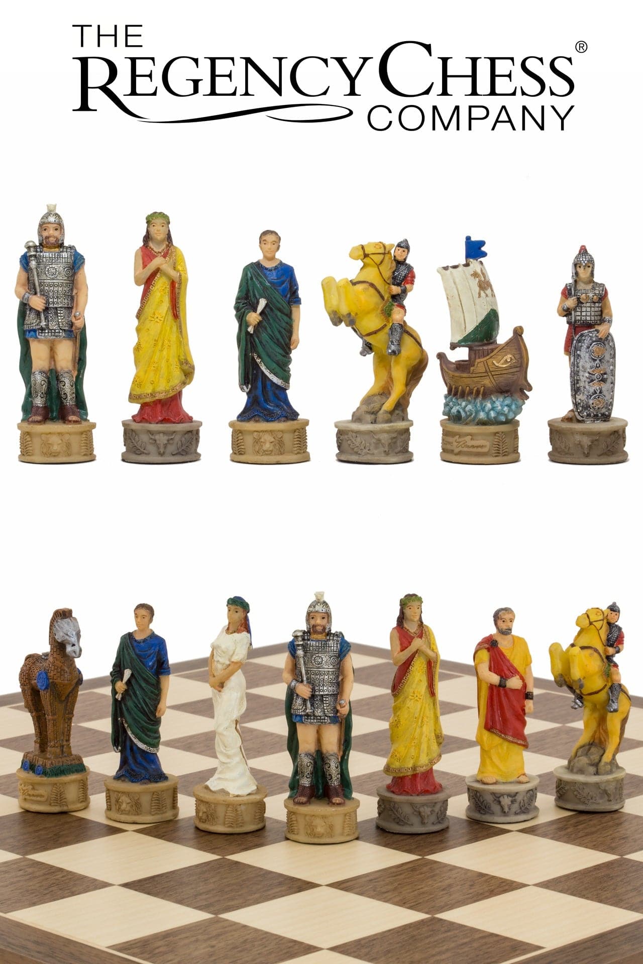 Hand-painted Battle of Troy themed chess pieces by Italfama, showing Greek and Spartan armies on a chessboard.