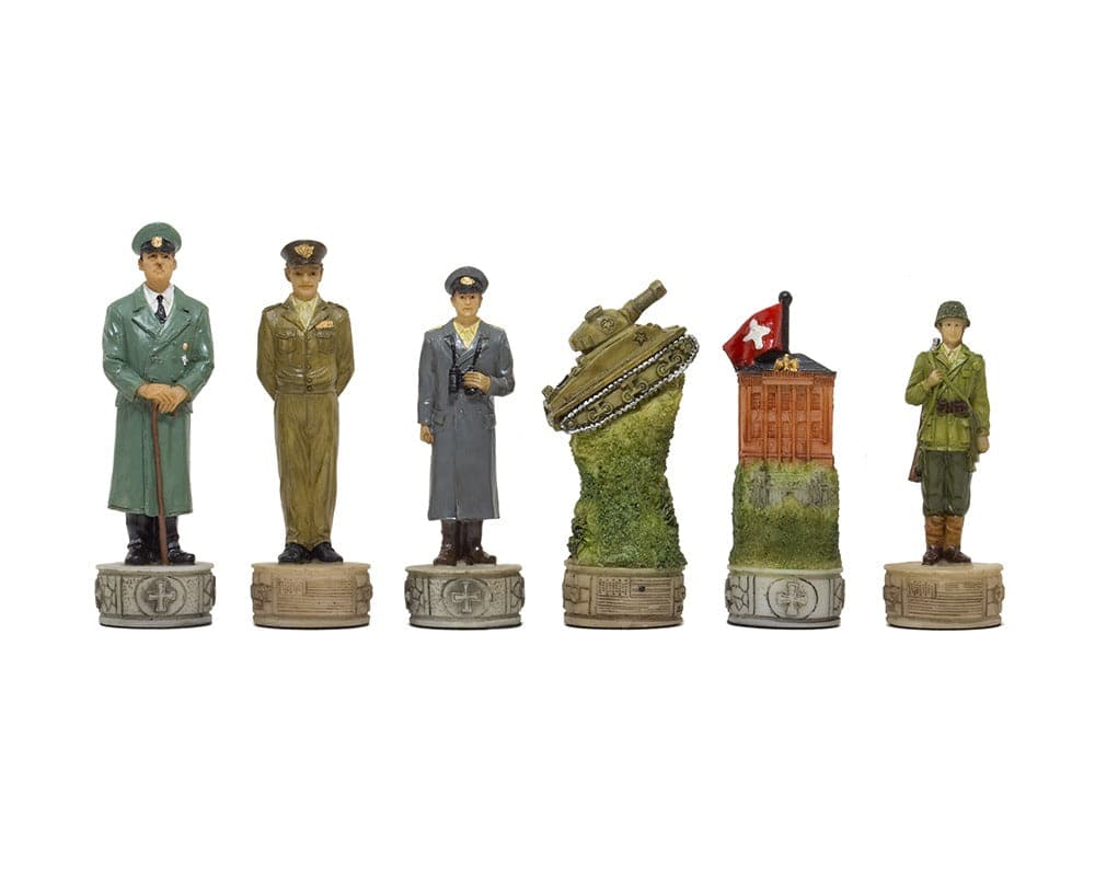 Hand painted WW2 themed chess pieces featuring soldiers, tank, and bunker by Italfama.