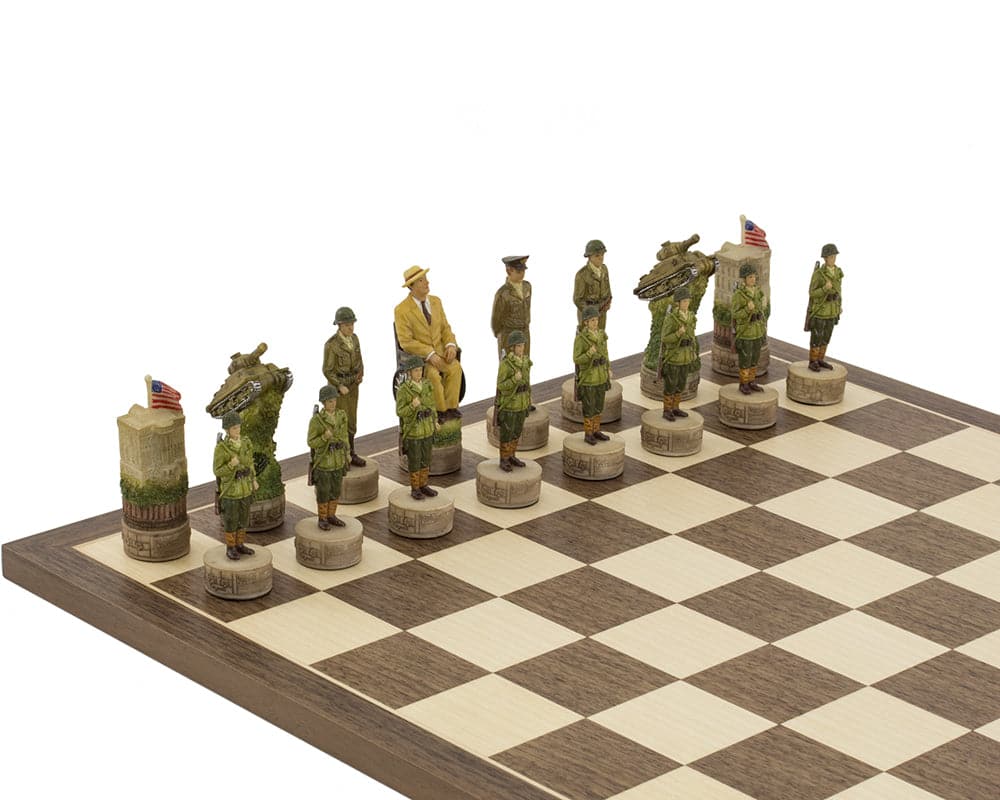 Hand painted Roosevelt themed chess pieces by Italfama on a 16 inch board