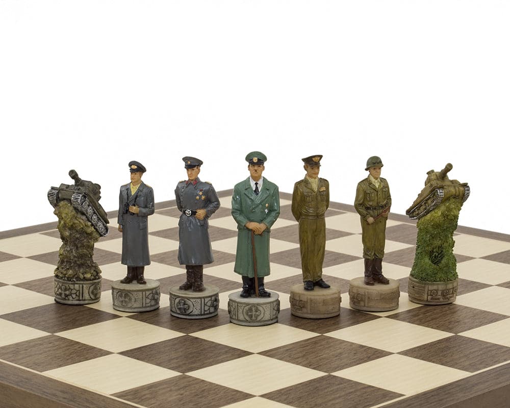 Hand-painted WWII-themed chess pieces depicting historical figures on a 16-inch board by Italfama.