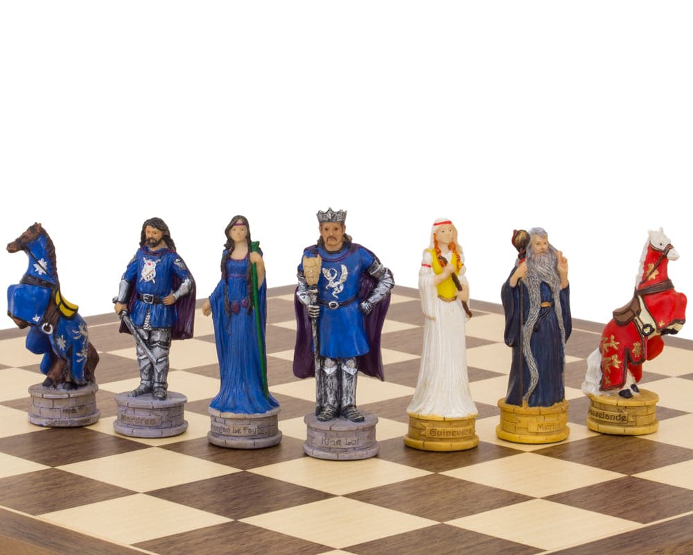 The King Arthur themed hand painted chess pieces by Italfama on a chessboard, featuring King Arthur and his army with superb detail.