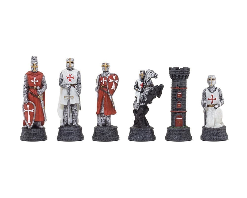 The Crusader Hand Painted themed chess pieces by Italfama featuring intricately detailed knights and tower