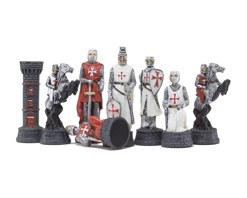 The Crusader Hand Painted themed chess pieces by Italfama featuring knights, towers and unique medieval designs