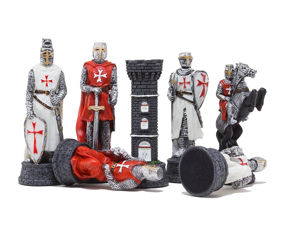 Hand-painted Crusader themed chess pieces by Italfama, featuring knights and a bishop, vibrant red and white colors.