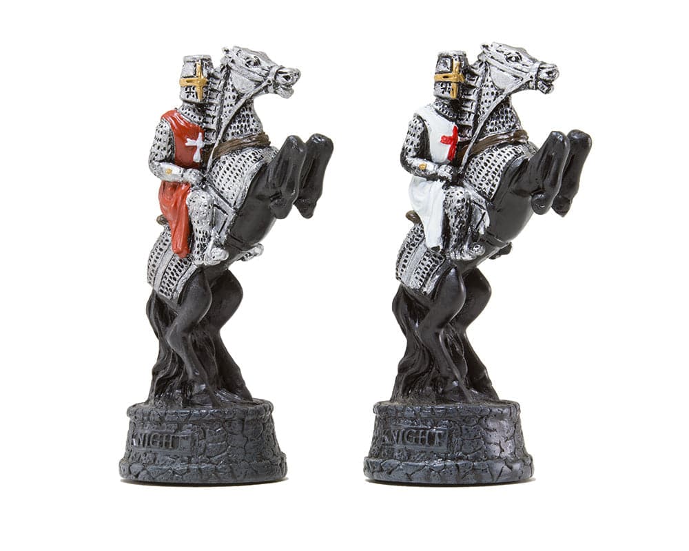 Hand-painted Crusader-themed chess pieces by Italfama, depicting knights on rearing horses in detailed armor.