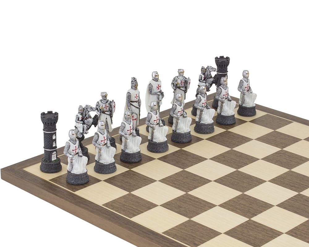 The Crusader Hand Painted chess pieces by Italfama on a chessboard