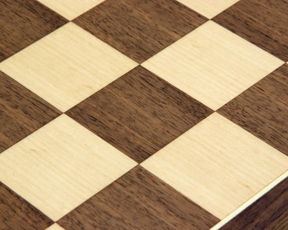 Close-up of high-quality 15.75 inch Walnut and Maple chess board with 1.75 inch squares, crafted by Rechapados Ferrer S.A. in Spain.