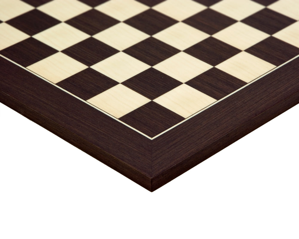 Close-up of 15.75 Inch Wenge and Maple Deluxe Chess Board with 1.58 inch playing squares crafted in Spain by Rechapados Ferrer.