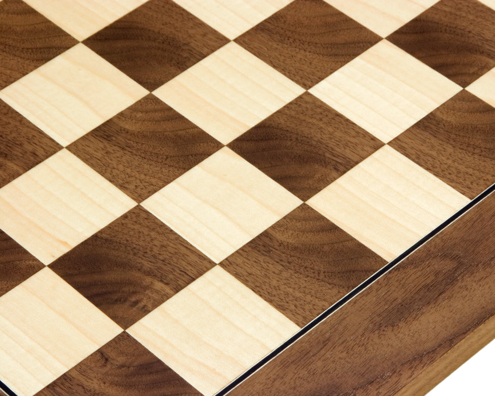 17.75 inch walnut and maple deluxe chess board with 1.75 inch playing squares, crafted in Spain by Rechapados Ferrer S.A.